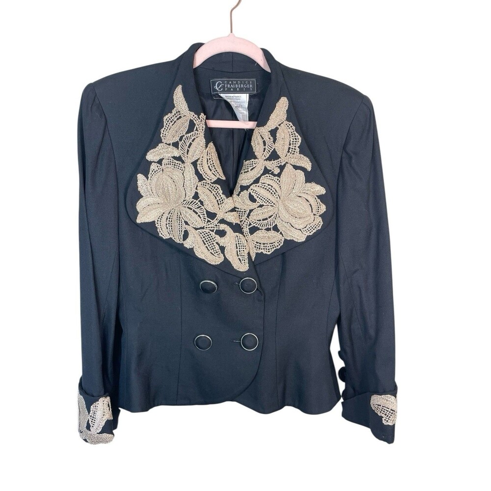 Candice Fraiberger Vintage Lace Embellished Blazer Women's Size 44 Linen Blend